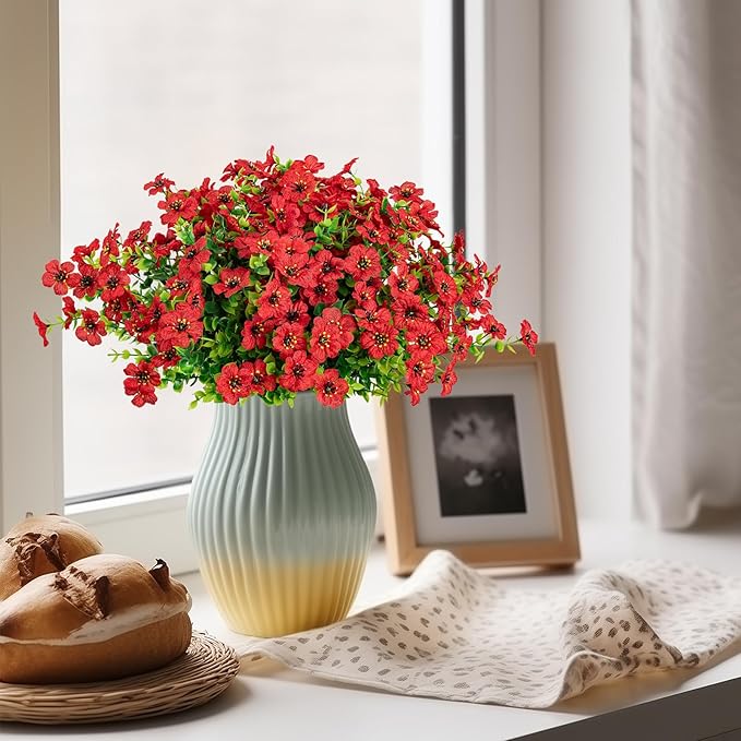 10 Bundles Artificial Faux Flowers for Outdoor,10Pcs Fake Flowers for Home Decor,Plastic Flowers Shrubs Lifelike Artificial Greenery Home Porch Stems Outside Decor(Red)