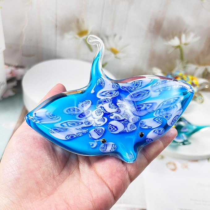 Crystal Devil Fish Figurine Hand Blown Glass Manta Ray Statue Collectibles Ocean Art Sea Animal Home Table Decor Gift Blue 4.7''
