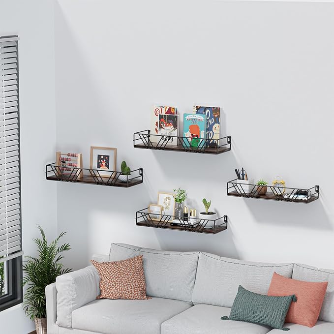 Floating Shelves for Wall Set of 4, Different Sizes Mounted Wood Floating Shelf, Wall Shelves for Living Room, Bedroom, Bathroom, Kitchen, Farmhouse Decor, Office