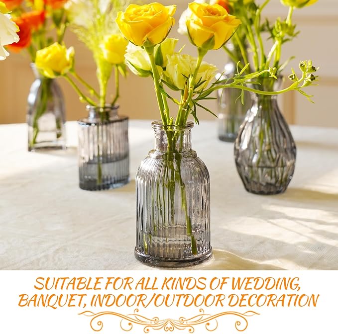 Bud Vases Set of 12, Black Vase Small Glass Vases for Flowers Modern Ribbed Amber Glass Bud Vase for Decor Flower Vase in Bulk Vintage Decor Boho Wedding Centerpieces Rustic Home Table Decoration