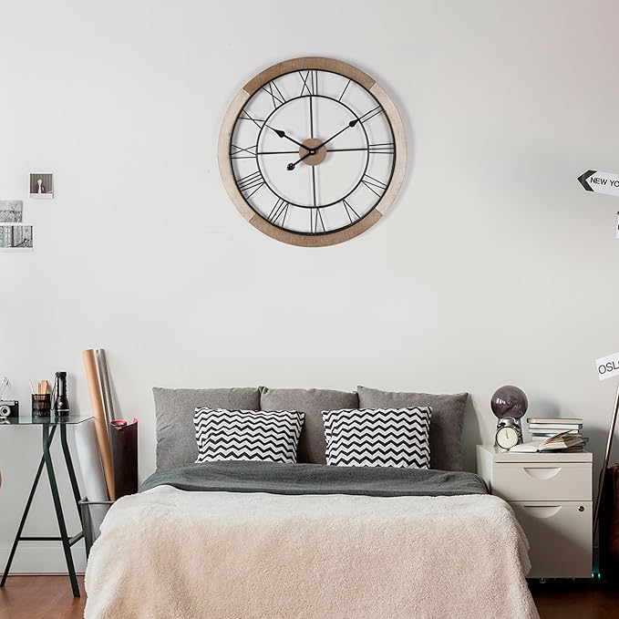 Wall Clock for Living Room Decor, 24'' Big Wall Clocks for Office, Rustic Clock Battery Operated, Distressed White Roman Numeral Clock, Round, Wood Wall Clock