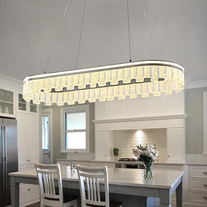 Modern Pendant Lights Kitchen Island, 35.5" Dimmable LED Elliptical Runway Light Fixture Silvery Gray Aluminum Bar Lights Hanging for Dining Room, Kitchen, Restaurant, Living Room