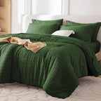MUXHOMO 7 Pieces King Comforter Set, Seersucker Bed in a Bag King Size, All Season Luxury Bedding Set with Comforter, Flat Sheet, Fitted Sheet, Pillowcases & Shams, Dark Green