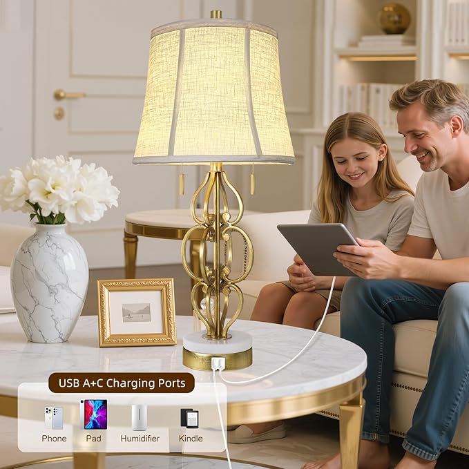 Scenekoy 27.75” Iron Art Table Lamp Set of 2 for Bedroom Living Room, Gold Leaf Night Stand Bedside Lamps with USB Ports, Pull Chains Modern Nightstand Lamp Line Shade for Home Decor (Bulbs Included)