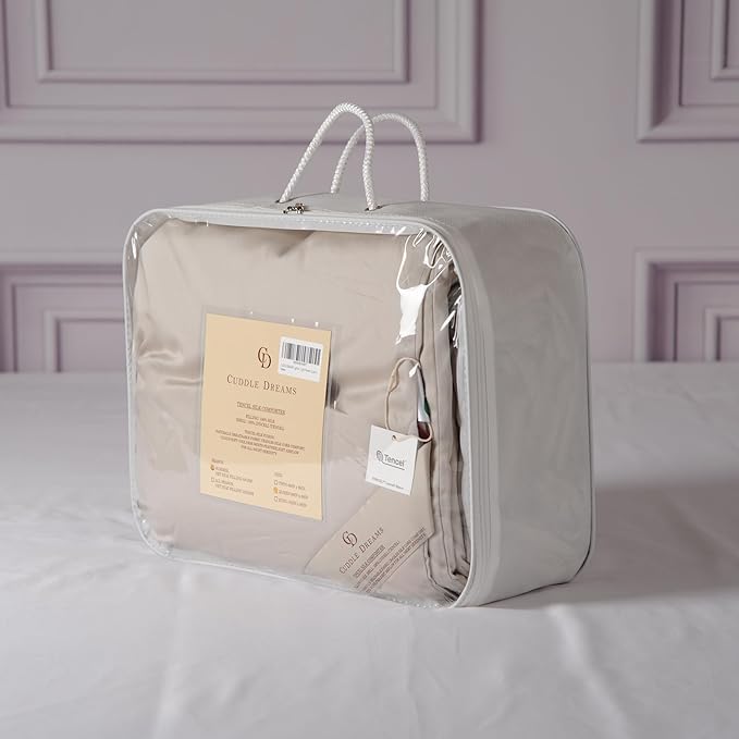 CUDDLE DREAMS Lightweight Silk Filled Comforter for Summer, Detachable Tencel Duvet Cover for Easy Care, Naturally Breathable (Light Pewter, Queen)