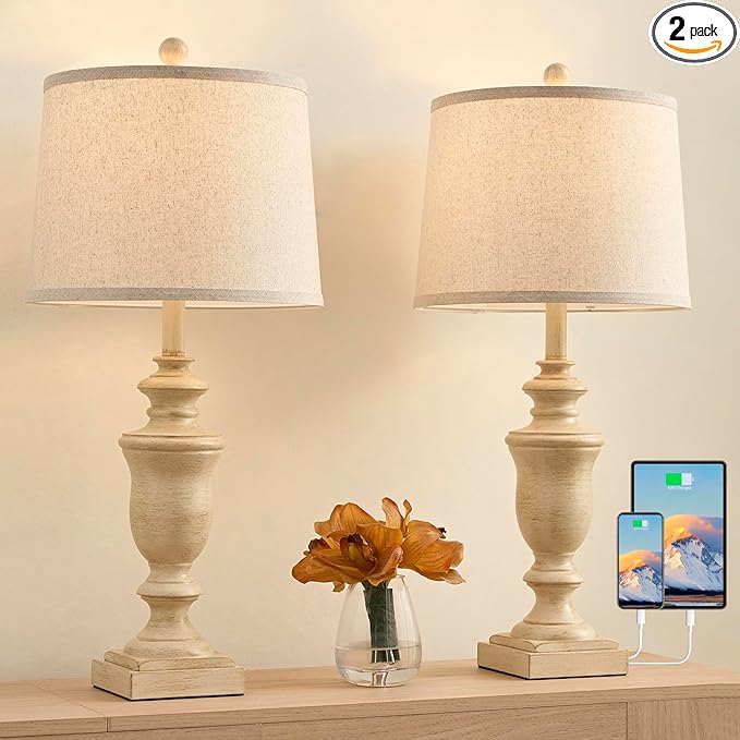 27.5" Vintage Farmhouse Table Lamps Set of 2 Bedside Lamp, 3 Way Dimmable Bedroom Lamps with 2 USB Ports +AC Outlet Touch Nightstand Lamp Rustic Lamp (Rotary-Antique Beige)