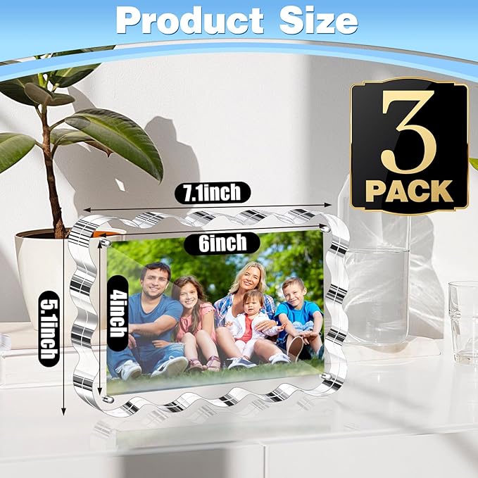 Aheroi Acrylic Picture Frames, 3 Pack 4x6 Clear Scalloped Photo Frame Freestanding Magnetic Double Sided Picture Frames, Transparent Thickened Frameless Acrylic Desktop Frame, No Instal