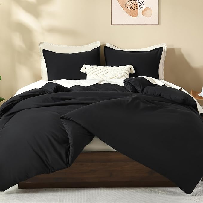 Litanika Black Comforter Full Size, 3 Pieces Boho Lightweight Solid Bedding Comforter Set, All Season Fluffy Bed Set (79x90In Comforter & 2 Pillowcases)