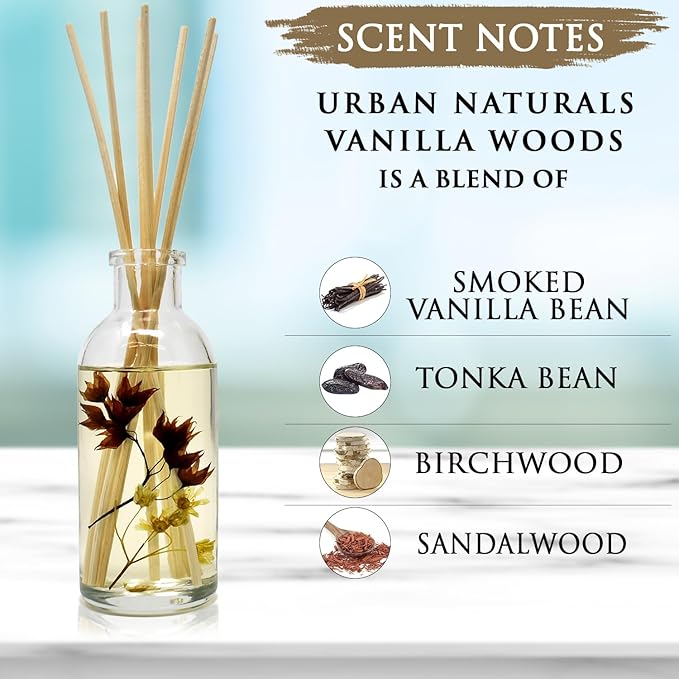 Urban Naturals Vanilla Woods Reed Diffuser Scent Sticks Gift Set | Smoked Vanilla Bean, Tonka Bean, Birchwood & Sandalwood | Light Woodsy Scent Made with Essential Oils & Real Botanical Pieces
