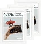 9x12 Frame 3 Pack - White Woodgrain, HD Tempered Glass, 9 x 12 Picture Frame for Photos, Tabletop or Wall Display