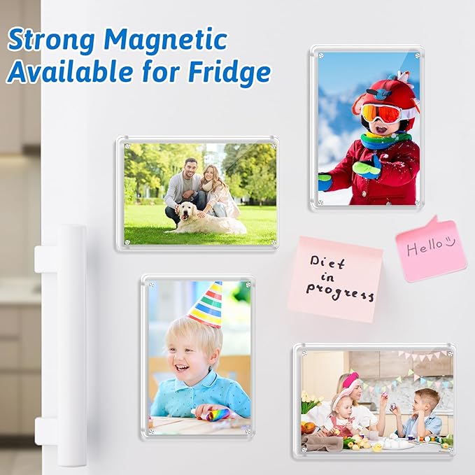 4 Pack Magnetic Picture Frames for Refrigerator 4x6, Acrylic Fridge Magnet Frame, Stylish Clear Framless Photo Frame for Home, Office, School Locker Display