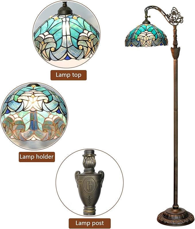 Tiffany Floor Lamp Vintage Standing Lamp Green Stained Glass Floor Light Rustic Corner Gooseneck Floor Lamp with Adjustable Angle for Home Decor Living Room Bedroom 12X12X63 Inches