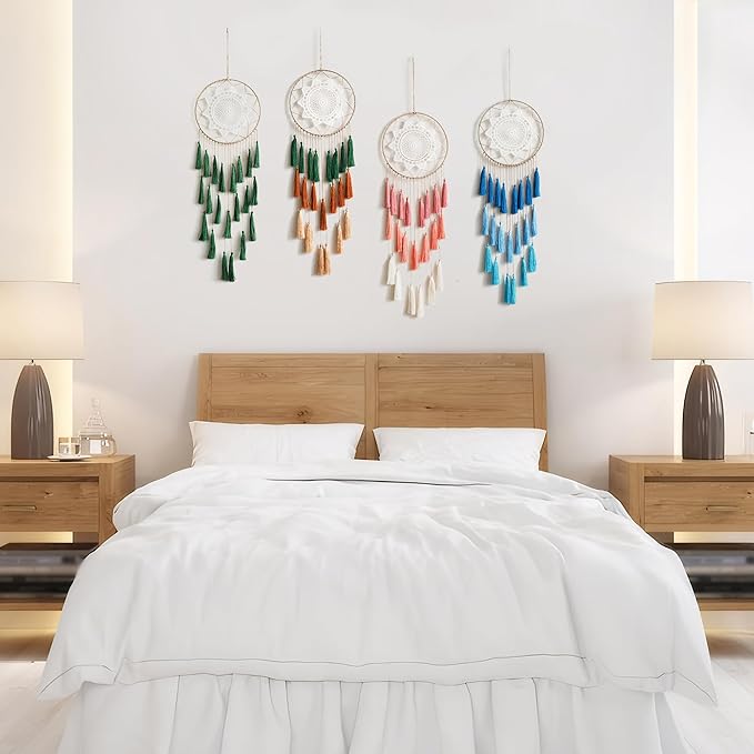 Artilady Macrame Dream Catchers for Bedroom - Tassel Wall Hanging Handmade Dreamcatchers Home Decor with Tassel Feather Ornament Craft Blessing Gift (Dark Green)