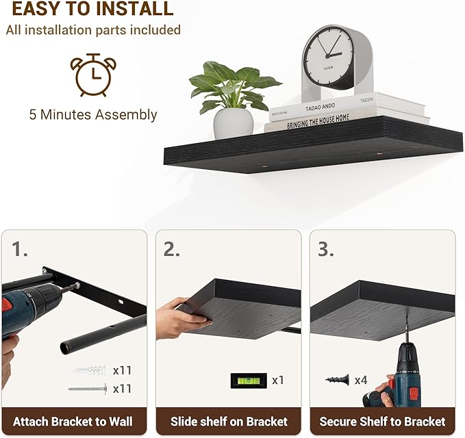 36 Inch Floating Shelves, 36"x9.25"x1.5" Inch Deep Floating Shelves for Wall, Wooden Shelves for Bathroom, Bedroom, Living Room, Black