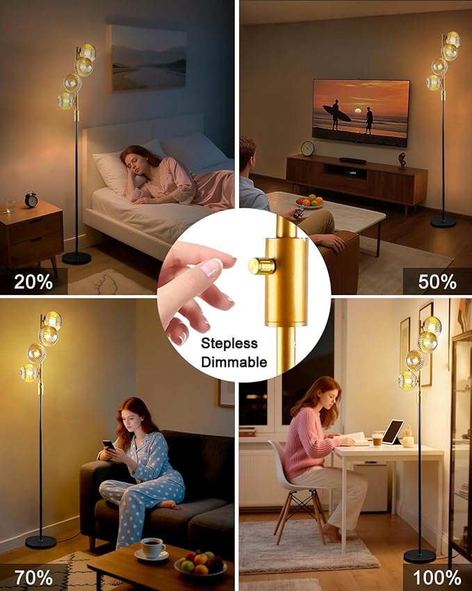 Lightdot 64IN Dimmable Floor Lamp with Glass Globe Shade, Modern Gold &Black Standing Lamps with 4PCS 3000K G9 Bulbs Soft Warm White Eye Care, Mid Century Floor Lamp for Living Room Bedroom
