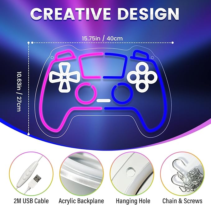 wootfairy Gamer Neon Sign, Led Light for Gaming Room Wall Decor, Dimmable Neon Light for Boys Room Decor, Blue and Pink Light Up Signs for Man Cave & Bedroom, Gamer Gifts for Teens, Boys, Kids