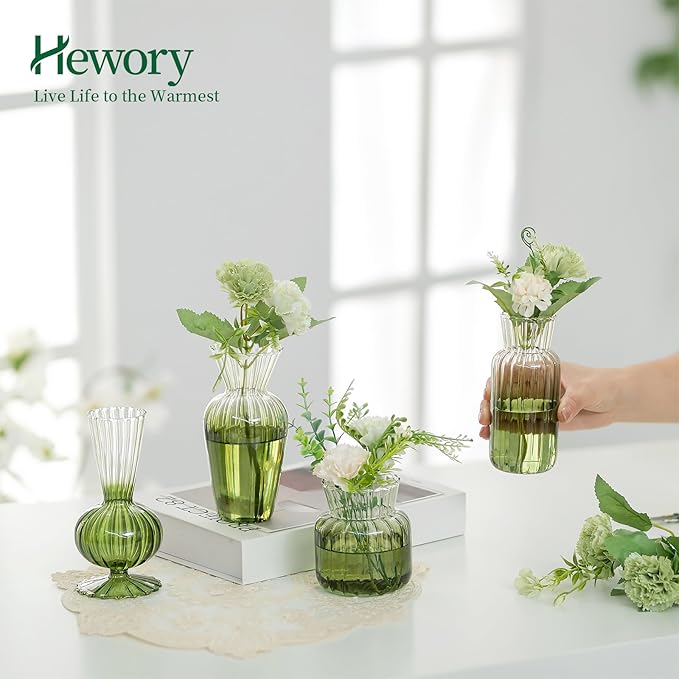 Hewory Small Ribbed Glass Bud Vases Set of 8 Green Flower Vase Centerpieces - Modern Minimalist Cute Mini Decorative Bulk Vases for Wedding Bridal Shower Birthday Party Events Dining Room Table Decor