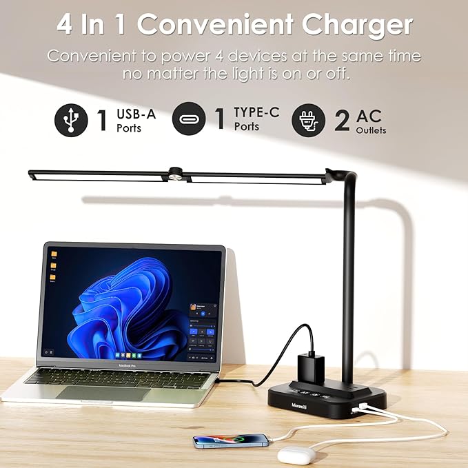 LED Desk Lamp with USB Charging Port: Eye-Care Technology - 1 Type-C, 1 USB-A Charging Port, 2 AC Power Outlets, Desk Lamps for Home Office, Study, Bedroom
