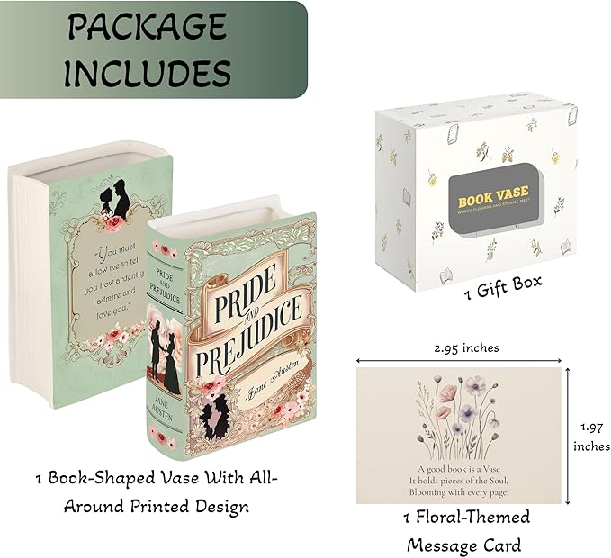 Ceramic Book Vase Pride and Prejudice Gifts for Book Lovers Women & Men - Jane Austen Gifts for Women Bookish Christmas Decor for Bookshelf - Bookworm Bookish Gift Cute Librarian Present for Readers