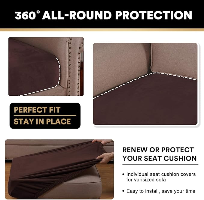 PrinceDeco Velvet Couch Cushion Covers 3 Pieces Velvet Separate Couch Cover Stretch Sofa Slipcover Washable Furniture Protector for Sectional Sofa Each Width Up to 40", Brown