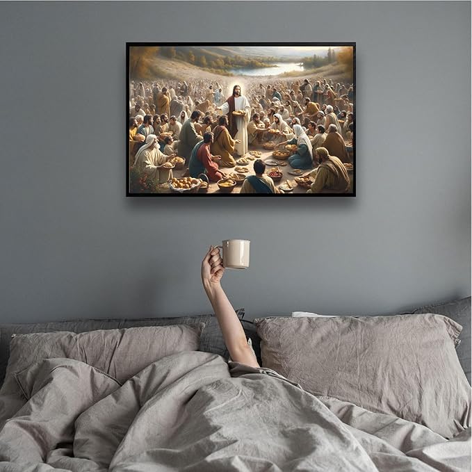 XWNLTEPK Jesus Feeding 5,000 People with Five Loaves and Two Fishes Miracle Mercy Canvas Art Wall Decor Poster Suitable for Bedroom Living Room Relaxation Room Confession Room