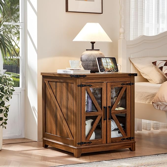 Farmhouse End Table with Charging Station Set 2, 24" Large Sofa Side Table with Glass Barn Door, Nightstand with Adjustable Storage Shelf,Wood Square Bedside Table for Living Room,Bedroom