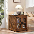 Farmhouse End Table with Charging Station, 24" Large Sofa Side Table with Glass Barn Door, Nightstand with Adjustable Storage Shelf,Wood Square Bedside Table for Living Room,Bedroom
