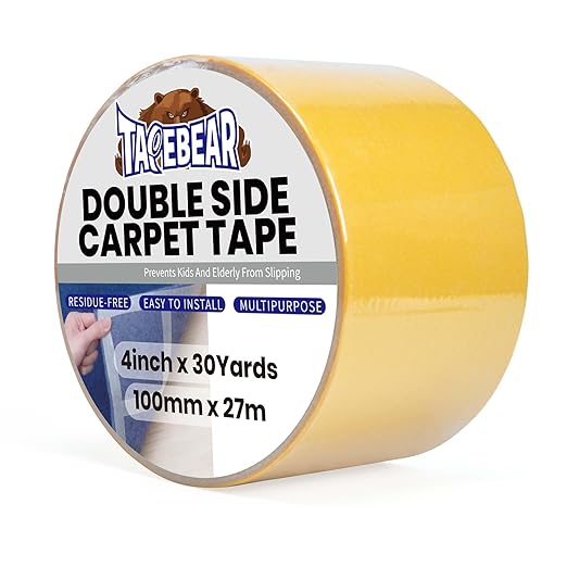 TAPEBEAR Carpet Tape Double Sided 4Inch x 30Yards, Heavy Duty Rug Gripper Anti Slip Anti Curling Floor Tape Residue-Free, Two Sided, Removable, Waterproof for Area Rugs, Mats, Strong Hold for Tile