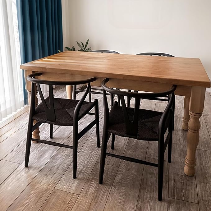 Wishbone Chair Natural Solid Wood Dining Chair/Hans Vegner Y Chair Rattan and Wood Accent Armrest Chairs Set of 2 (Ash Wood - Black)