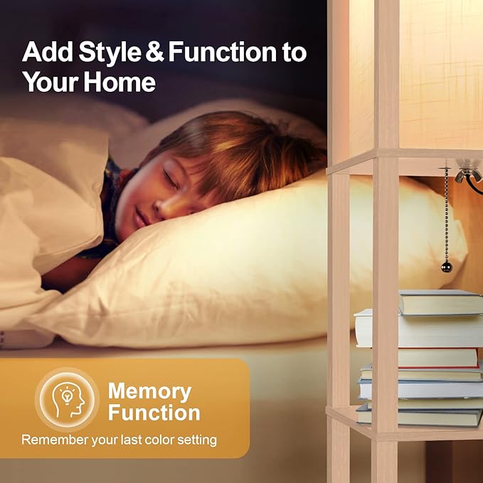 OUTON Floor Lamp with Shelves, LED Shelf Floor Lamp with 1 USB & 1 Type C Ports, 1 AC Outlet, 3 Color Temperature, Storage Display Wood Column Tall Standing Lamp for Living Room, Bedroom Office, Wood