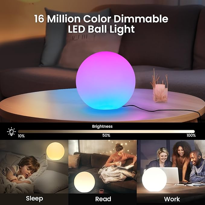 LOFTEK Color Changing Night Light, Smart LED Lamp with Bluetooth APP and Remote Control, 220 Scene Modes, 8-inch RGB Ball Mood Lighting for Living Room (Corded Electric)