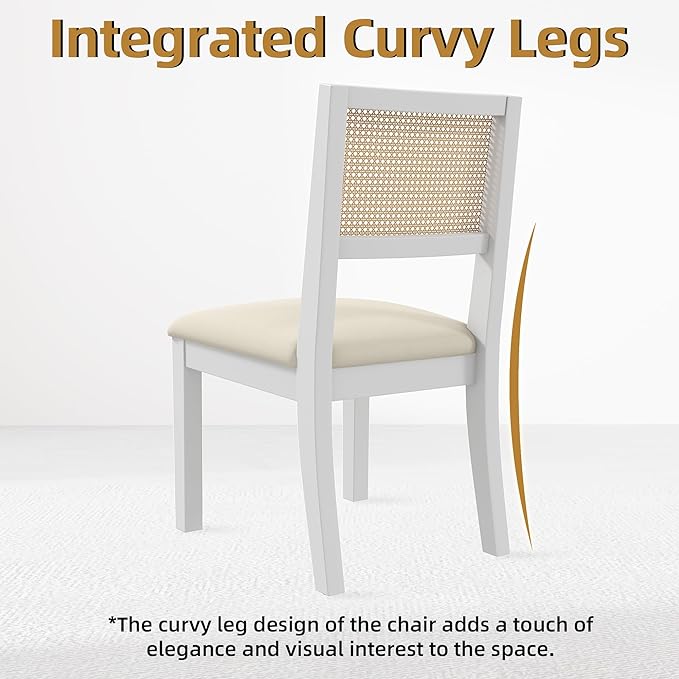 Westice Rattan Dining Chairs Set of 2, Farmhouse Natural Dining Room Chairs with Upholstered Cushion, Wood Armless Chairs for Kitchen/Restaurant, White