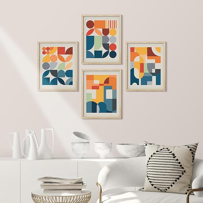 SIGNWIN Framed Mid-Century Modern Colorful Geometric Polygons Wall Art, Set of 4 Abstract Geometric Wall Decor Prints, Nature Wilderness Wall Décor for Living Room, Bedroom - 12"x16" Natural