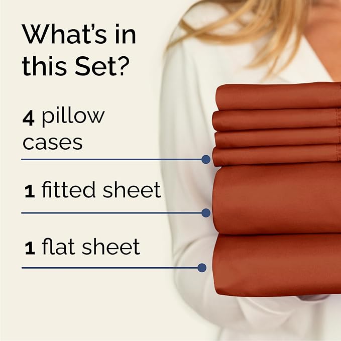 Queen Sheets Set 6 Piece - Bed Sheets Queen Size - Soft Hotel Luxury Bedding - Cooling, Comfy & Breathable - 1 Flat & 1 Fitted and 4 Pillowcases with Deep Pockets - Wrinkle and Fade Free - Terracotta