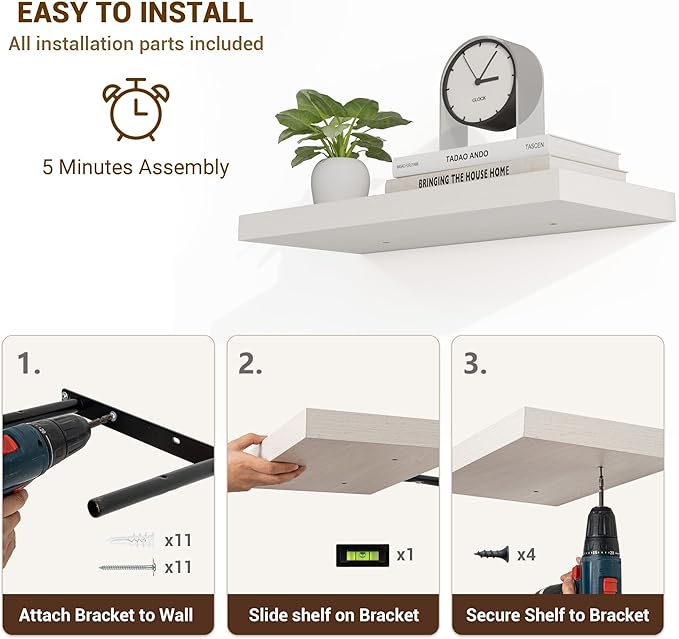 48 Inch Floating Shelves, 48"x9.25"x1.5" Inch Deep Floating Shelves for Wall, Wooden Shelves for Bathroom, Bedroom, Living Room, Cream White Oak