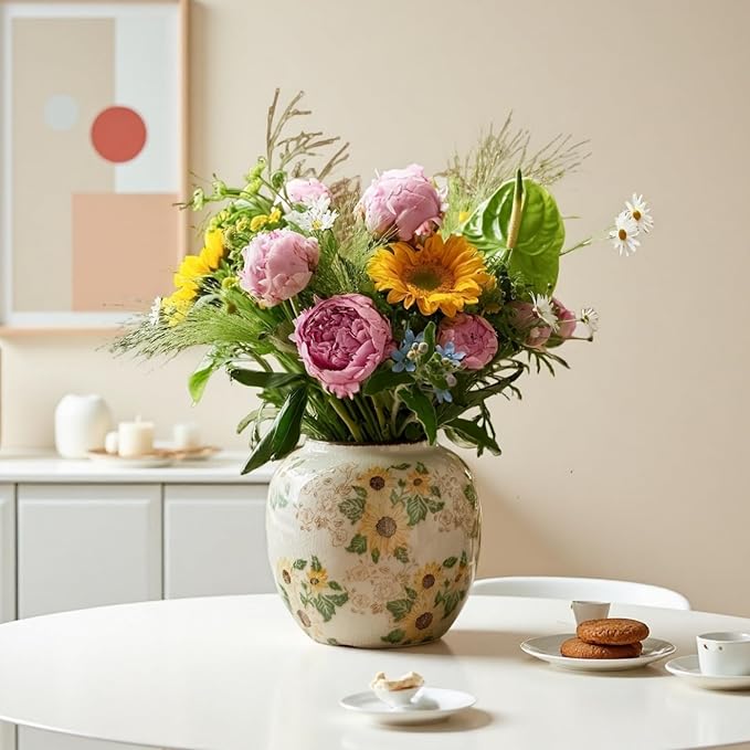 Levvohd Round Pastoral Ceramic Vase, 6.3 Inch Vintage Sunflower Yellow Floral Retro Ice Cracked Rustic Antique Flower Vases for Living Room Home Decor (Large Round)