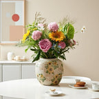 Levvohd Round Pastoral Ceramic Vase, 6.3 Inch Vintage Sunflower Yellow Floral Retro Ice Cracked Rustic Antique Flower Vases for Living Room Home Decor (Large Round)