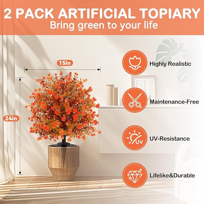 Artificial Topiary Ball Trees with Ground Spikes UV Resistant Faux Greenery Shrubs Fake Shrubs for Outdoors, Realistic Faux Plants Bushes for Garden Porch Yard Patio Decor (Orange Eucalypt)