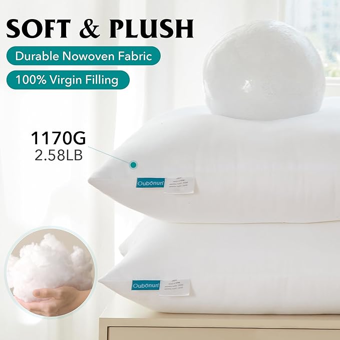 Oubonun 26 x 26 Euro Pillow Inserts - Soft, Plush & Decorative Down Alternative Throw Pillows for Couch Sofa Bed, Machine Washable - White, Pack of 2
