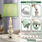 22'' Farmhouse Lamps for Bedrooms Set of 2 Bedside Lamps for Nightstand with USB Charging Ports Traditional Boho Table Lamps for Living Room Study Room,Green Shade,Bulbs Not Included