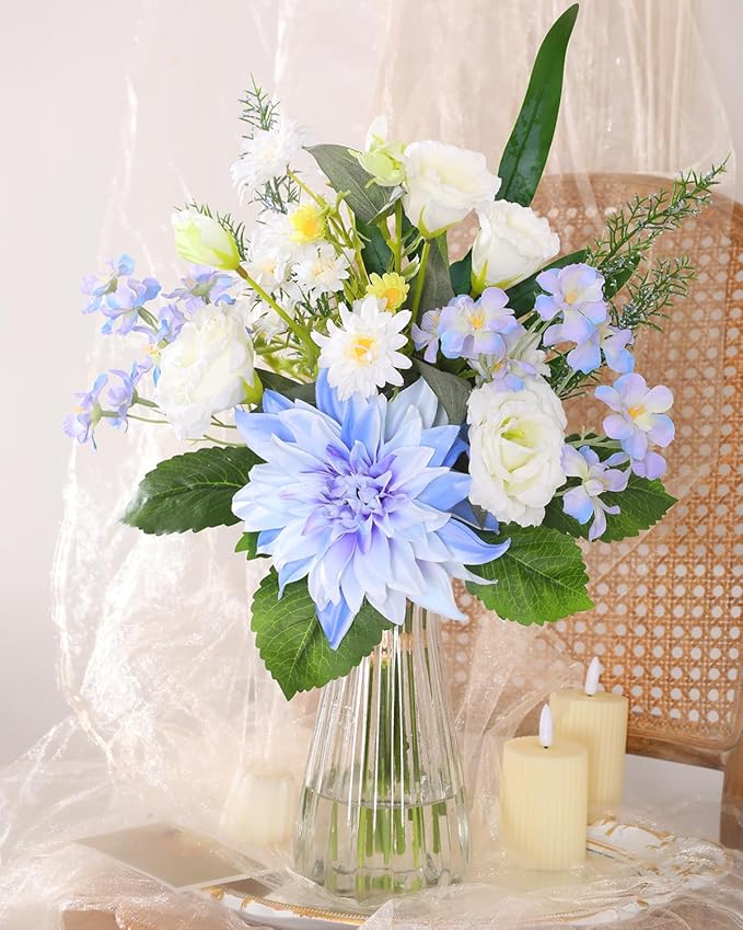 Nubry Fake Artificial Flowers in Vase,Faux Silk Dahlia Flower Bouquet Floral Arrangement Fake Plant Decor for Tables Centerpieces,Home Office Party Wedding Decor(Blue with Vase)