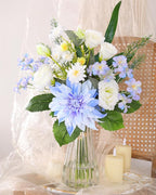 Nubry Fake Artificial Flowers in Vase,Faux Silk Dahlia Flower Bouquet Floral Arrangement Fake Plant Decor for Tables Centerpieces,Home Office Party Wedding Decor(Blue with Vase)