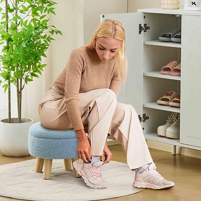 Wimarsbon Storage Ottoman, Modern Round Footrest with Soft Padded Seat, Teddy Velvet Footstool with Wood Legs, Accent Small Table or Plant Stand for Hallway, Living Room (Blue)