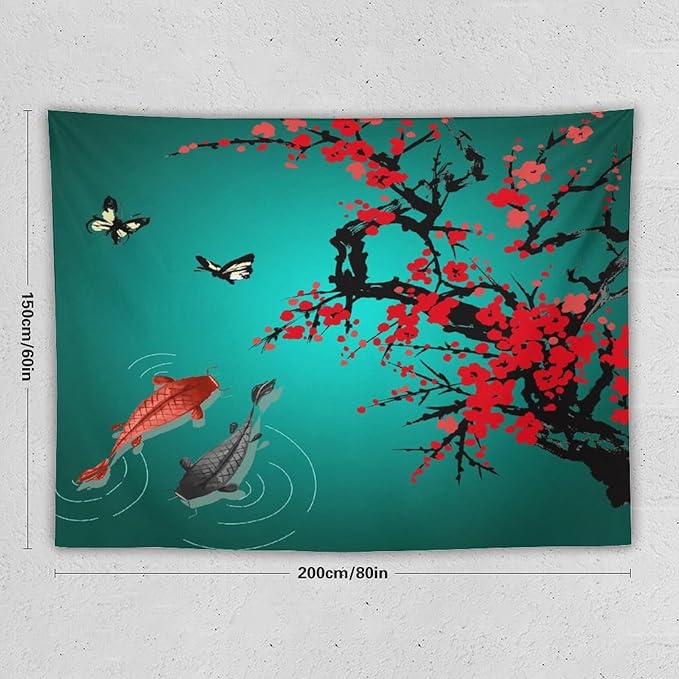 Houselerax Japanese Koi Fish Tapestry, Cherry Blossoms Asian Oriental Green Teal Floral Branch Koi Fish Carp Tapestries Wall Hanging for Bedroom Living Room Office Decor 80"x60"