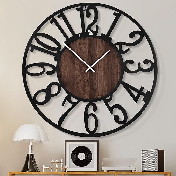 1st owned Large Wall Clock for Living Room Decor- 32" Decorative Antique Silent Little Ticking Battery Operated,Black Metal,Wood Clocks for Farmhouse,Dining Room,Bedroom,Kitchen - Arabic Numerals