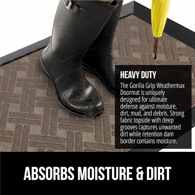 GORILLA GRIP 100% Waterproof All-Season WeatherMax Doormat, US Designed Natural Rubber, Stain and Fade Resistant, Low Profile Indoor Outdoor Door Mats, Easy Clean Patio Mat, 17x29, Taupe Basket Weave
