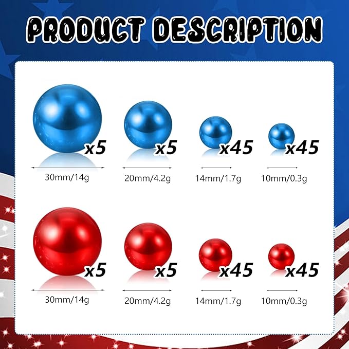 200PCS Red Blue Faux Pearls Beads for Centerpiece Vases, Vase Filler Faux Pearls, No Holes Filler Beads for Party Anniversary Birthday Wedding Table Decor, 10/14/20/30mm