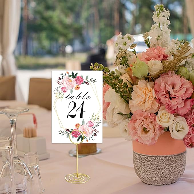 26 PCS Table Number Holder - Table Card Holder Stand Wire Photo Holder with 26 Pcs Floral Table Number Cards, Place Card Holder Stand for Weddings Party Office Paper Memo Menu Note Clips