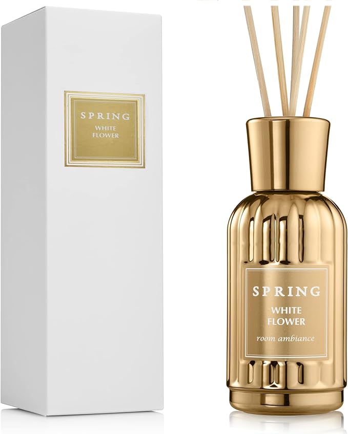 SPRING Fragrance Reed Diffuser Set | 6.1 oz (180ml) | Fragrance Made in France | Home Décor | Scented Aromatic Oil | Room Air Freshener White Flower | Lily, Jasmine, Lily of The Valley and Tuberose