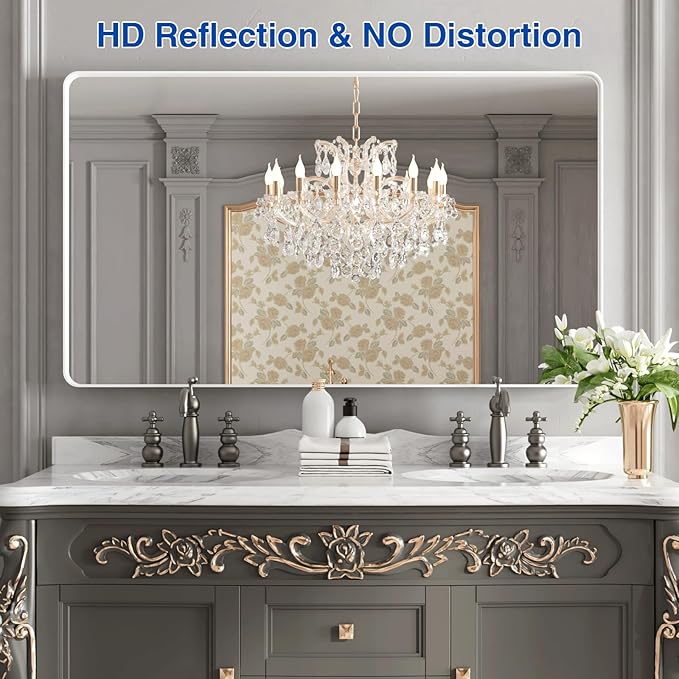 WEER White Bathroom Mirror 50X30 Inch, Rounded Rectangle White Metal Frame Mirror, Matte White Bathroom Vanity Mirror with Tempered Glass, Anti-Rust, Hangs Horizontally or Vertically